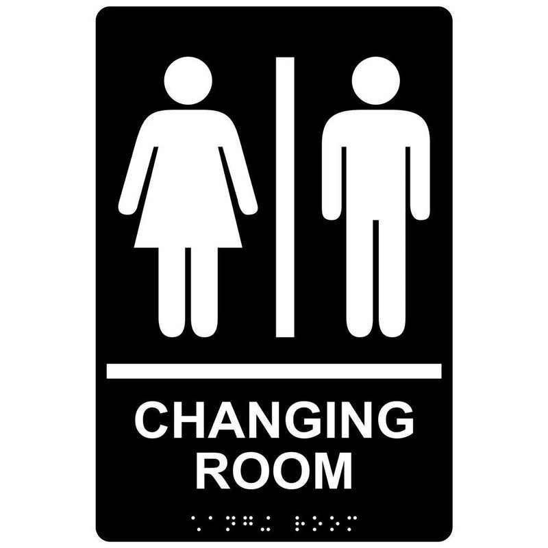 ComplianceSigns.com Changing Room Sign, ADA-Compliant Braille and Raised Letters, 9x6 inch White on Black Acrylic with Adhesive Mounting Strips - Image 1